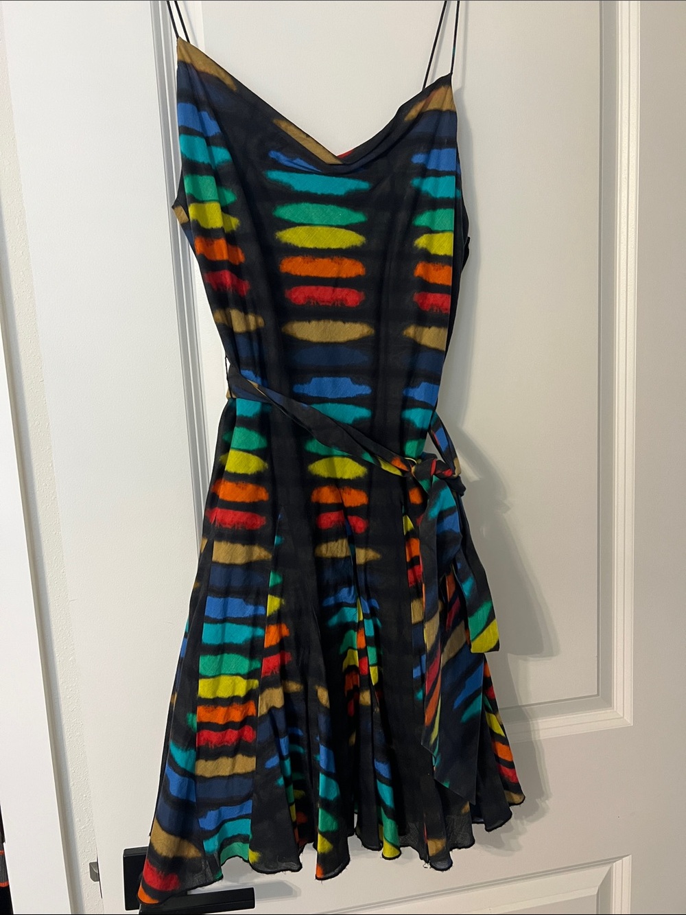 Alice + Olivia Black Multicolor Striped Cowl-Neck Mini Dress